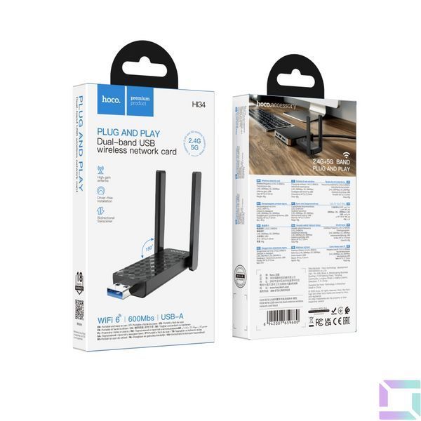 USB Wi-Fi Адаптер Hoco HI34 2.4G/5GHz 6 gen Черный 6942007659680 фото