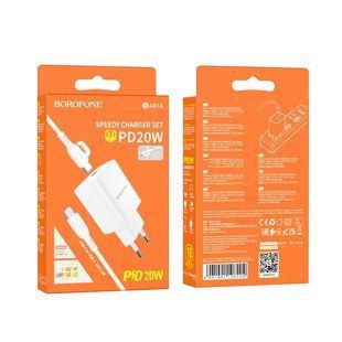 Мережевий Зарядний Пристрій Borofone BA81A 1USB-C PD/QC 20W+Type-C to Type-C М'ята упаковка Бiлий 2020000519768 фото