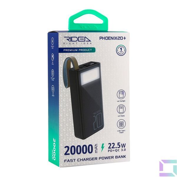 Універсальна Мобільна Батарея Power Bank Ridea RP-D20L+ Phoenix20+ PD/QC 3.0 20W digital display + lamp 20000 mAh Чорний 6902014450458 фото