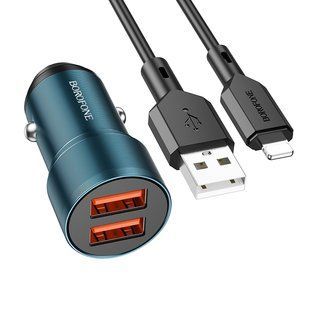 Автомобільний Зарядний Пристрій Borofone BZ19 Wisdom Lightning 2.4A Сапфірово-синій 6974443387353 фото