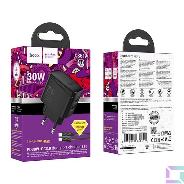 Сетевое Зарядное Устройство Hoco CS61A 1USB/1USB-C PD/QC 30W GAN+Type-C to Type-C Черный 6942007638449 фото