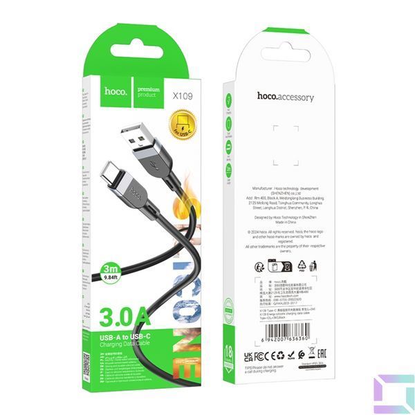 USB Hoco X109 Silicone Type-C 3A 3m Черный 6942007636360 фото