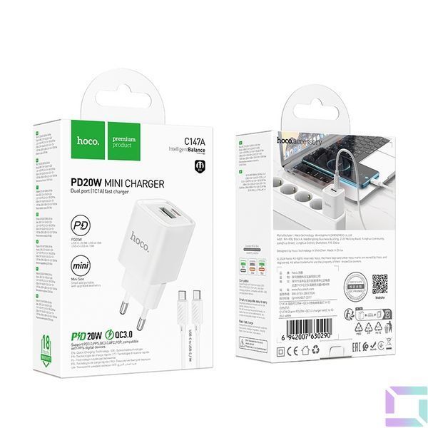 Сетевое Зарядное Устройство Hoco C147A 1USB-C/1USB PD/QC 20W+Type-C to Type-C Белый 6942007630290 фото