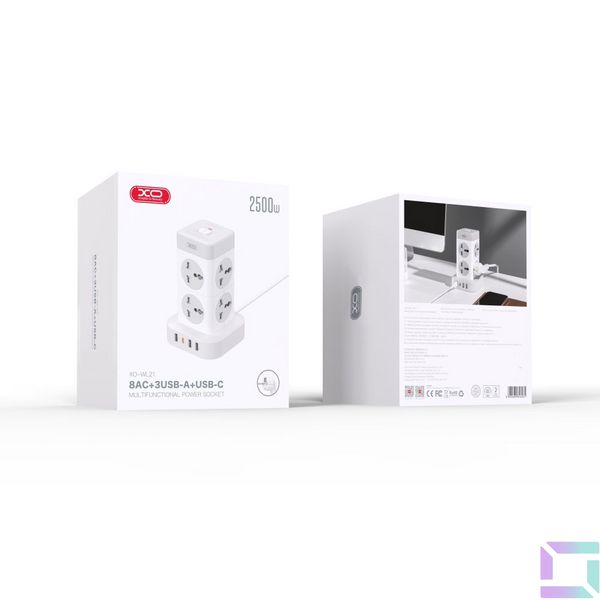 Мережевий Подовжувач XO WL21 Tower Shaped 8AC socket+3USB-A+1USB-C 2m Колір Бiлий 6920680846061 фото