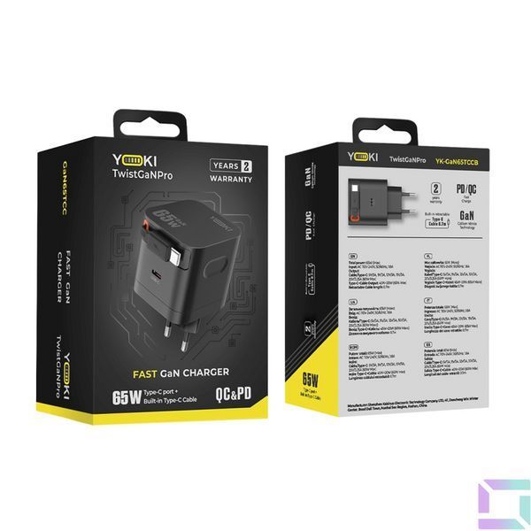 Мережевий Зарядний Пристрій Yoki TwistGanPro YK-GaN65TCC 1 Type-C+1 CableType-C PD&QC 65W Чорний 6912345678971 фото