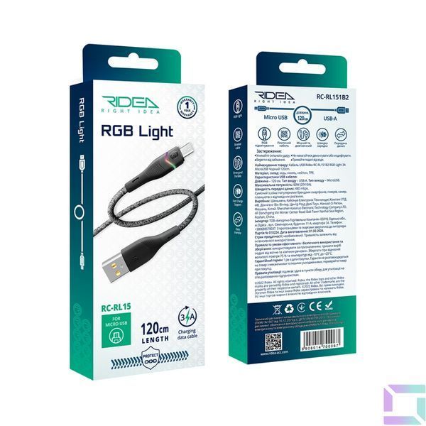 USB Ridea RC-RL15 RGB Light MicroUSB 3A 1.2m Черный 6908014700067 фото