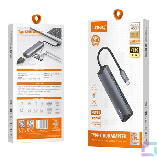 USB Hub LDNIO DS-56H Type-C To PD3.0*1(100W)+HDMI*1(4K@30hz)+USB2.0*1+SD+TF Сiрий 6933138602270 фото