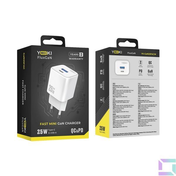 Мережевий Зарядний Пристрій Yoki FluxGaN YK-GaN25FAC 1 Type-C+1USB PD&QC 25W Бiлий 6912345678117 фото