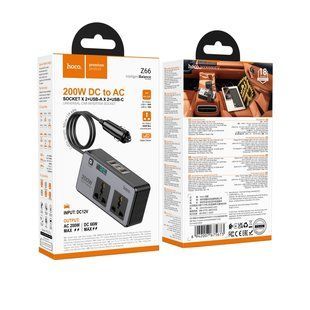 Автомобільний Інвертор Hoco Z66 2-Socket/1USB-C PD30W/2USB QC18W Total 200W/66W Чёрный 6942007675673 фото