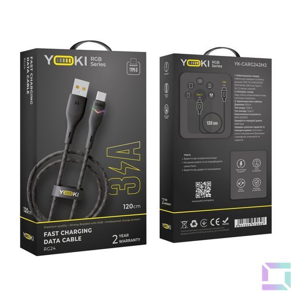 Кабель USB YOKI RGB YK-RG24 Type-C 3A 1.2m Чорний 6907858579648 фото
