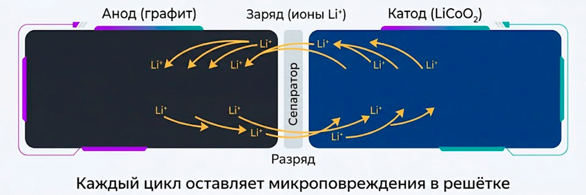 Движение ионов лития между анодом и катодом во время заряда и разряда