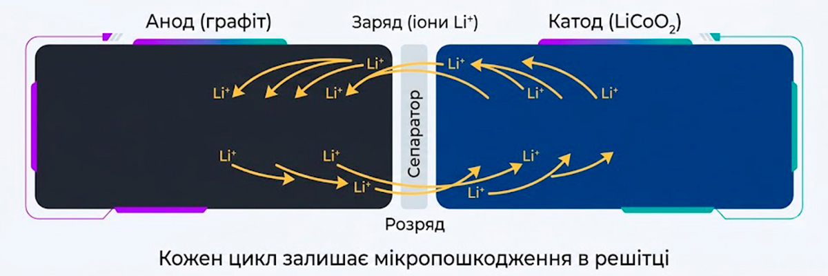 Принцип роботи літій–іонної батареї Рух іонів літію між анодом і катодом під час заряду і розряду