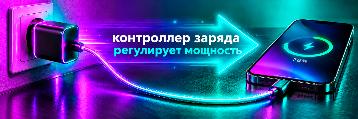 Контроллер заряда самостоятельно регулирует мощность Зарядка передаёт телефону только необходимую мощность